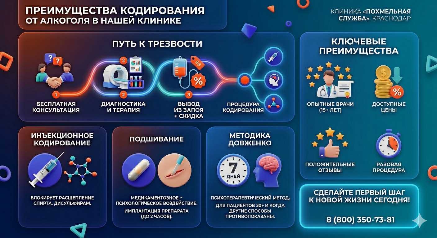 Инфографика о методах кодирования от алкоголя в Нижнем Тагиле: инъекции, подшивание, метод Довженко. Преимущества клиники и этапы лечения.