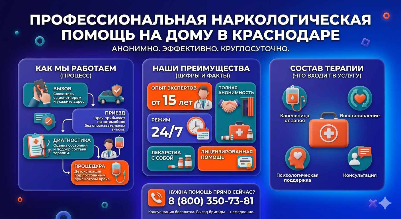 Инфографика о принципах лечения алкоголизма на дому в Нижнем Тагиле: этапы вызова нарколога, преимущества анонимной детоксикации и состав медицинской помощи.